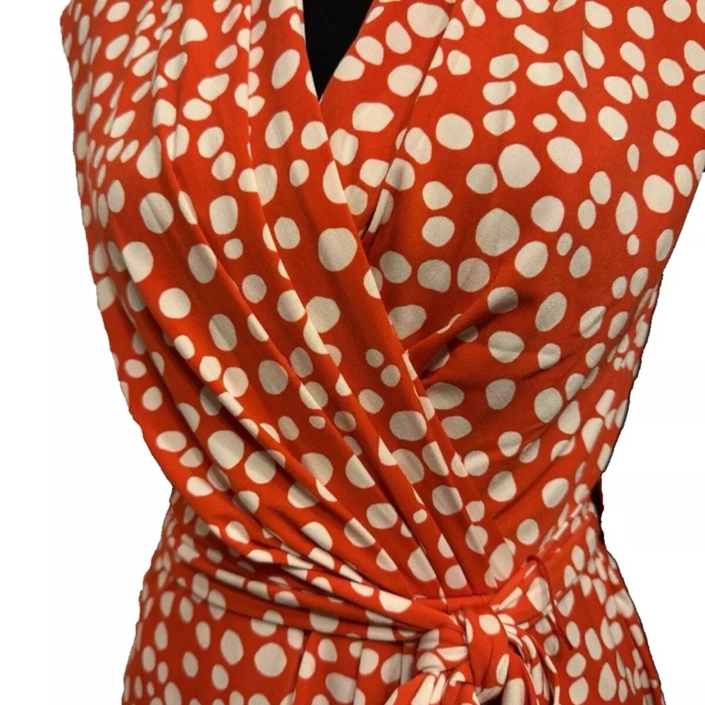 Eliza J faux wrap dress 6 orange white polka dot career office - Picture 2 of 9